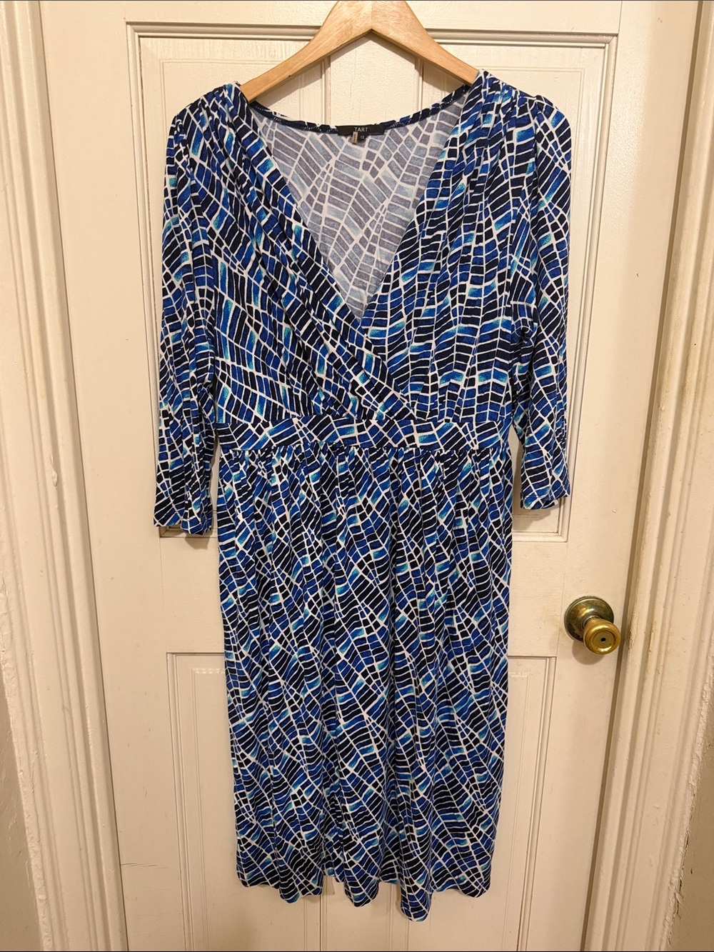 Tart Blue and White Geometric Wrap Midi Dress